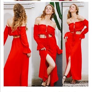 Red two piece maxi skirt and crop top